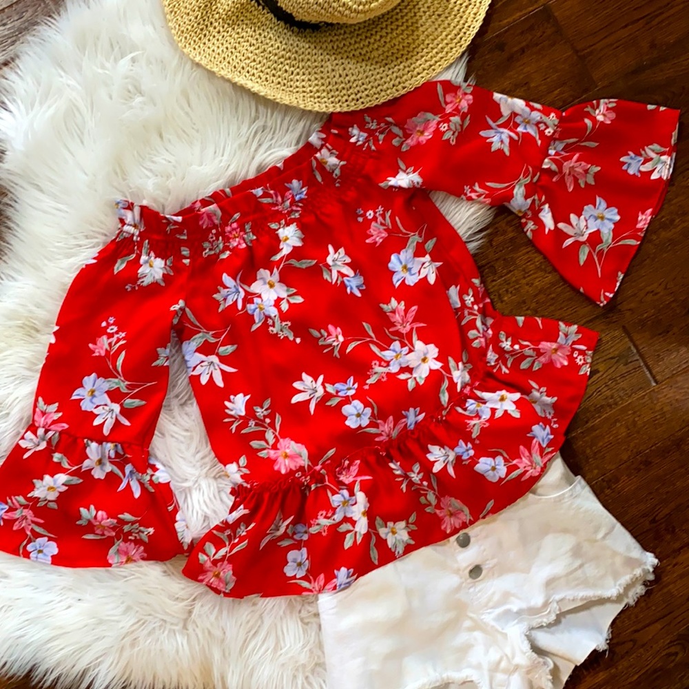 Off the shoulder red floral shirt from H&M